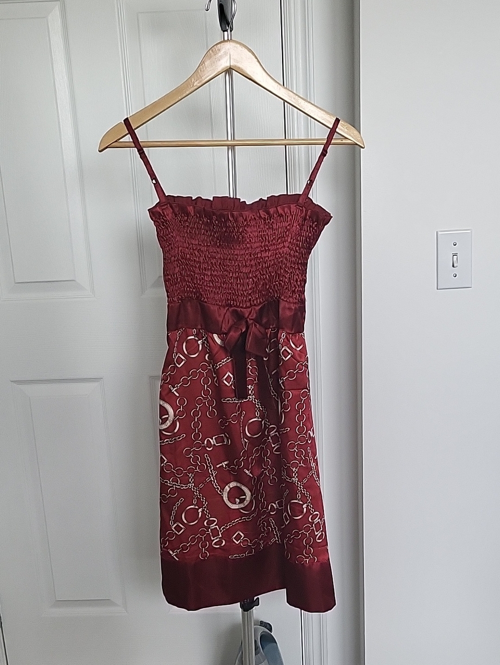 Red Smocked Satin-Trim Chain Print Sundress